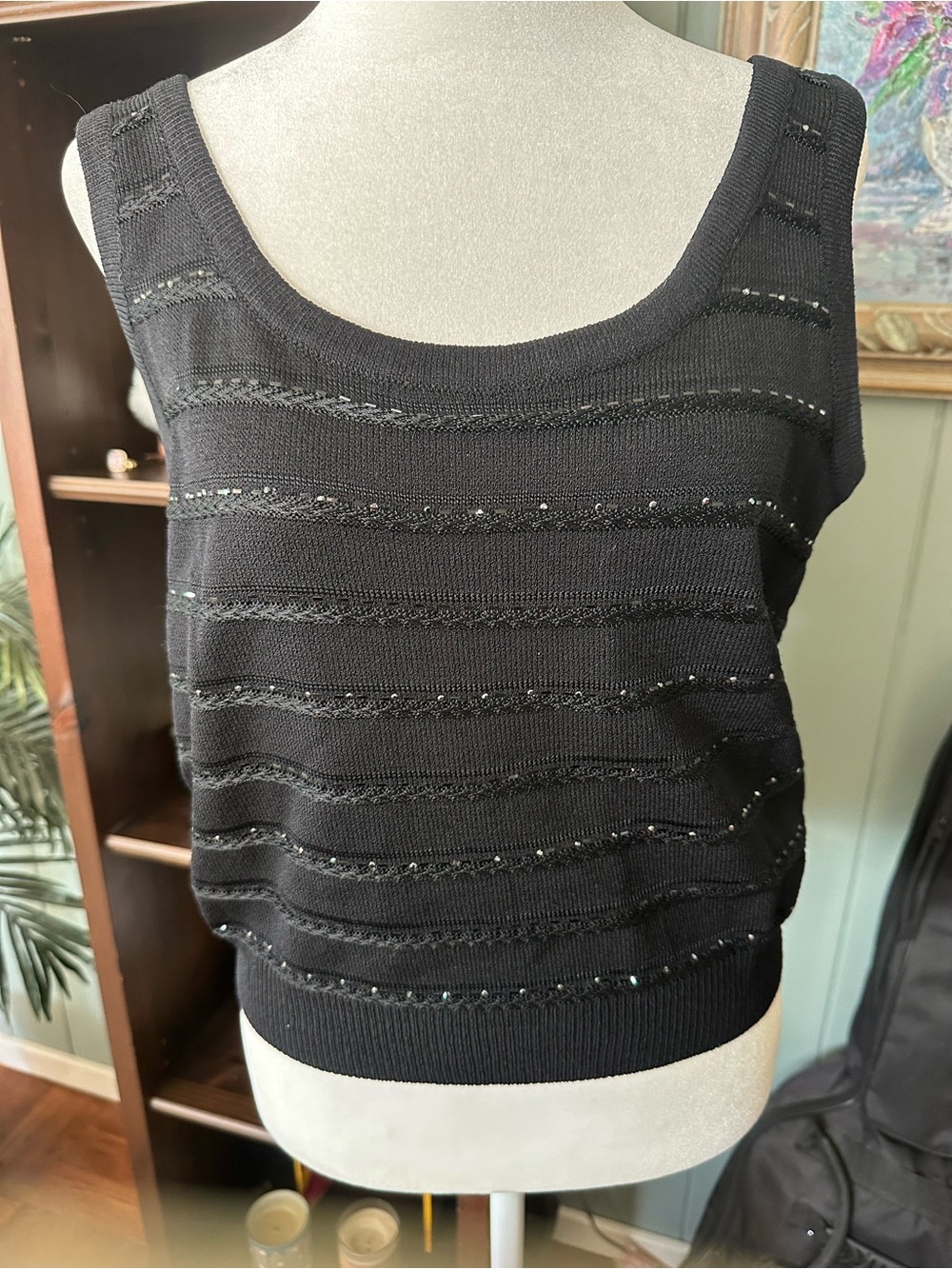 St. John Black Beaded Knit Tank Top